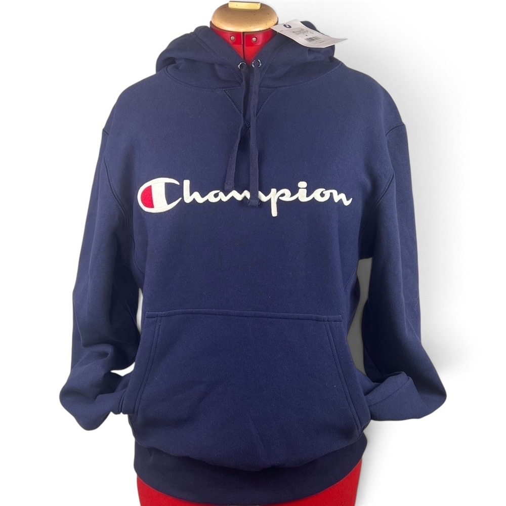 Champion Iconic Pullover Hoodie Navy Script Logo Unisex Men's Size M NWT